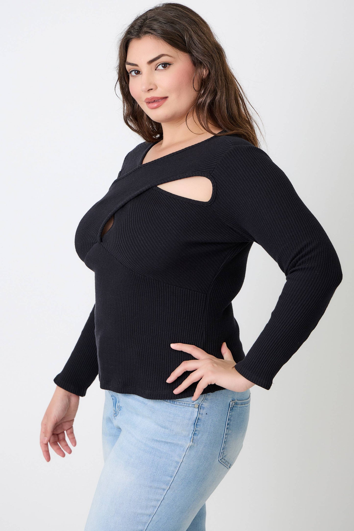 Kitty  Black Ribbed Cutout Long Sleeve Top JK18852-T