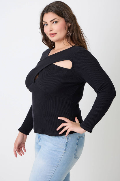 Kitty  Black Ribbed Cutout Long Sleeve Top JK18852-T