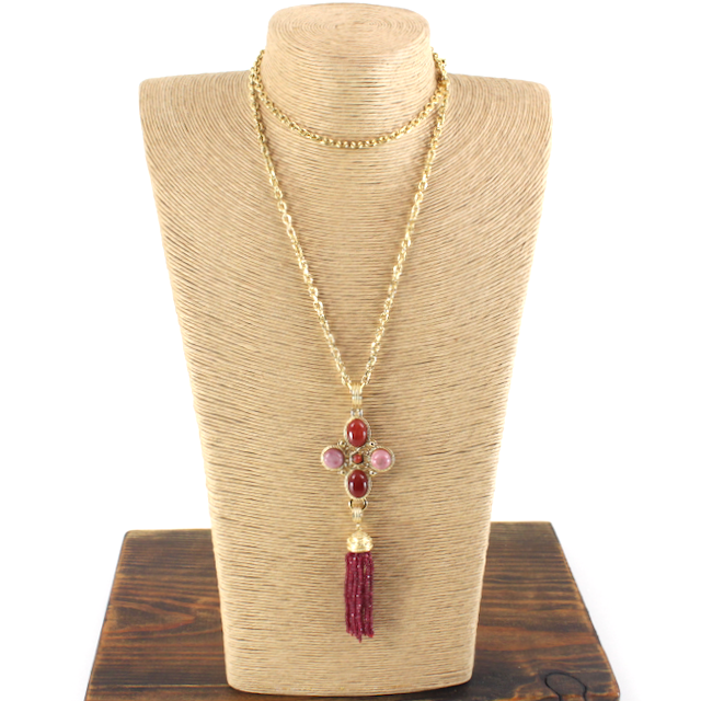 N25260 Stone Pendant Beaded Tassel Stainless Steel Necklace