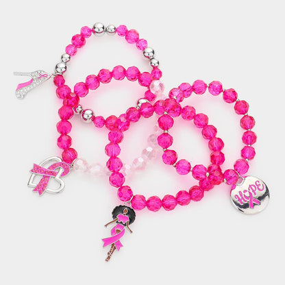 4PCS - Pink Ribbon Stiletto Heel Hope Message Afro Girl Charm Pearl Stretch Bracelets