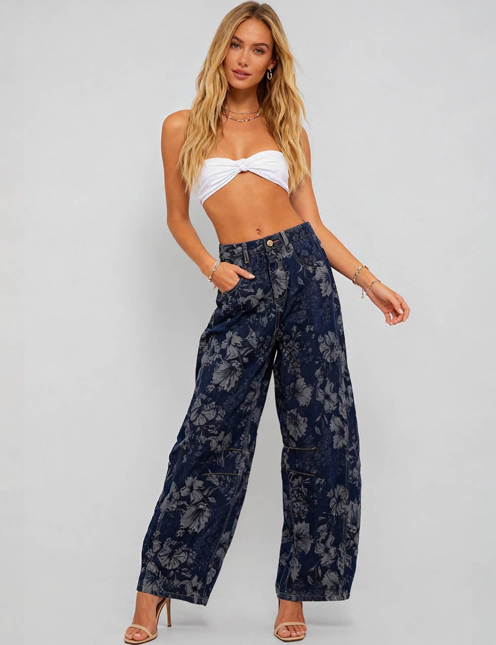 Ladies Vintage Denim Pants Floral Print Barrel Pants