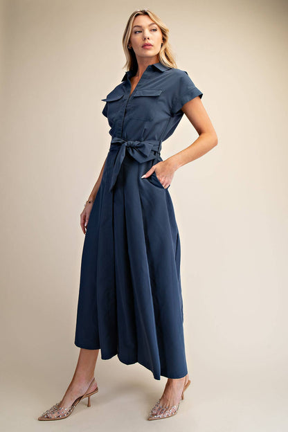 Collar V-neck Front Pocket Button Down Midi Dress