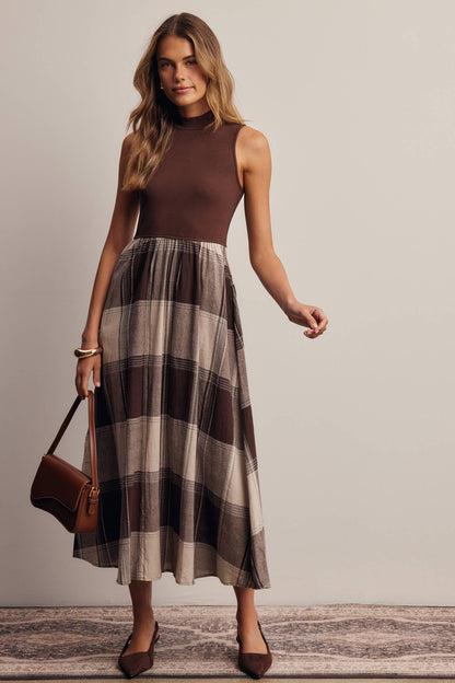 Mock Neck Mixed Media Plaid Midi Dress