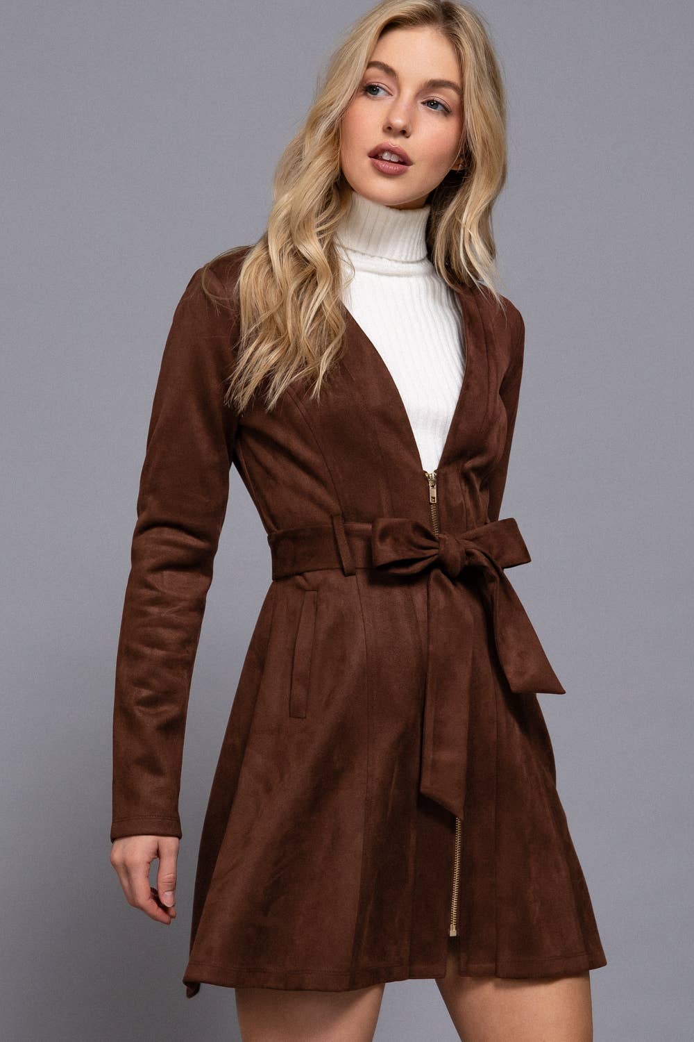 Briah V-Neck Zip-Up Belted Faux Suede Dress Jacket