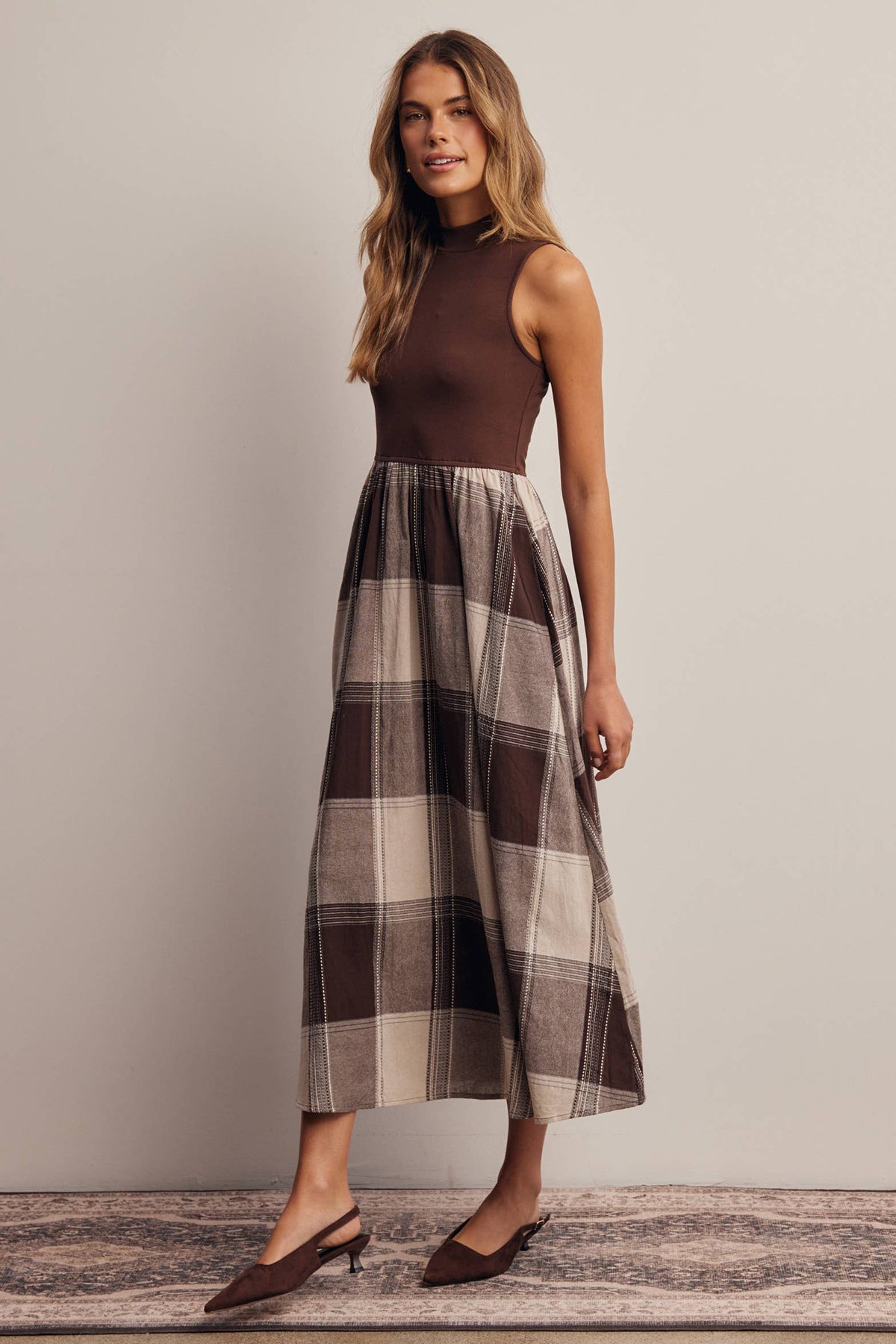 Mock Neck Mixed Media Plaid Midi Dress