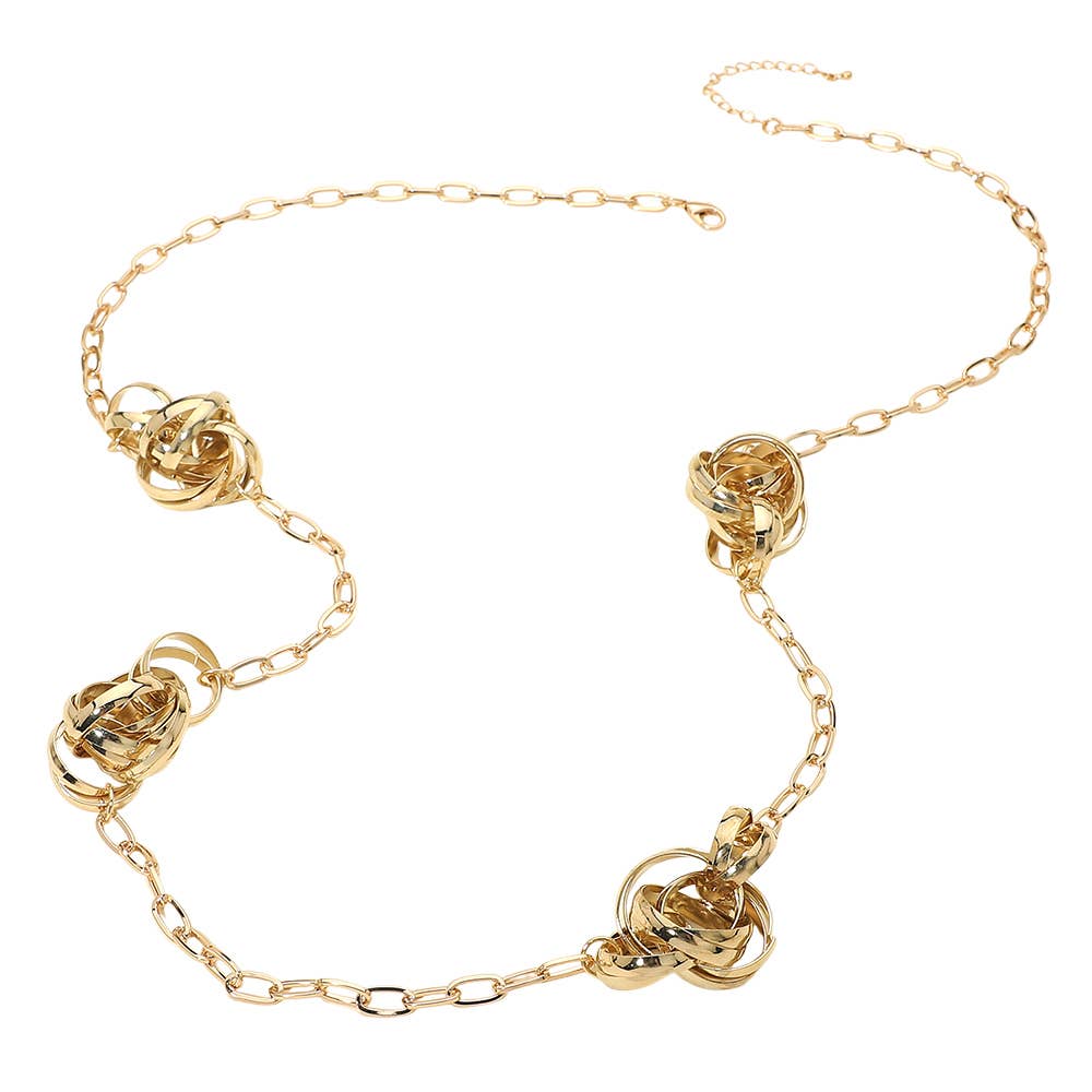 Abstract Textured Metal Ball Station Paperclip Chain Long Necklace