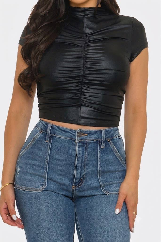 Yoga Coated Front Elastic Shirring Ruched Crop Top