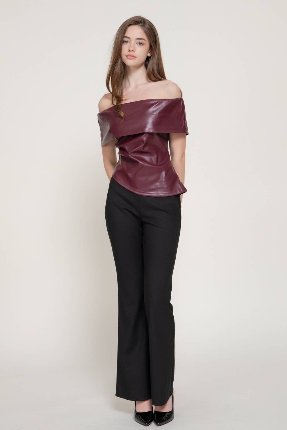 Off The Shoulder Faux Leather Top with Asymmetric Hem
