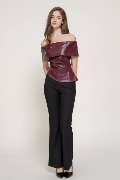 Off The Shoulder Faux Leather Top with Asymmetric Hem