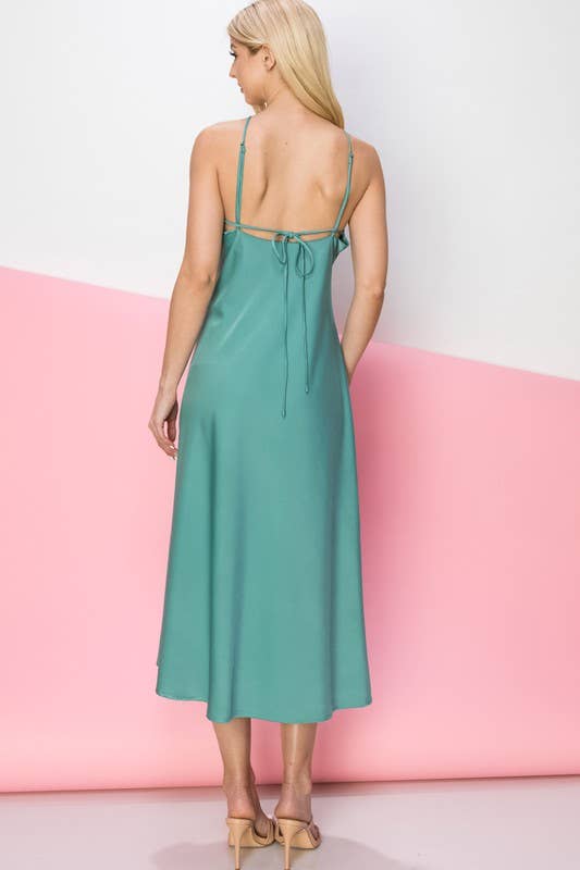 RUCHED SATIN MIDI DRESS