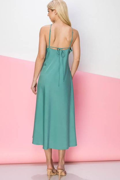 RUCHED SATIN MIDI DRESS