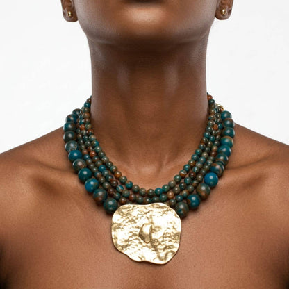 Tribal Lake Blue Stone Bead Hammered Gold Necklace
